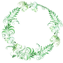 Spring wreath, folk floral pattern style, watercolor illustration green branches and leaves.