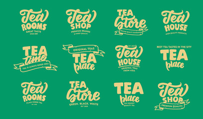 Set of vintage hot Tea phrases. Emblems, badges, templates, stickers on green background with rays