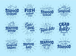 Set of vintage Seafood emblems and stamps. Fish bar badges, stickers on blue background with rays.