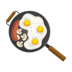 Scrambled Eggs in Frying Pan with Sausage and Mushrooms Top View Vector Illustration