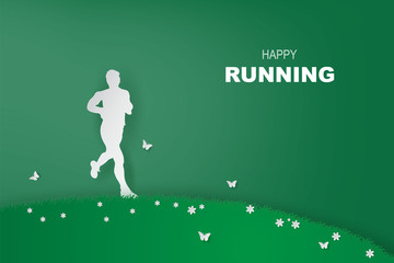 Man running Healthy lifestyle in green park.Minimal Healthy concept. Running. Exercise. Paper art style.Creative minimal paper art and craft style.Ecology environment garden.vector illustration.EPS10