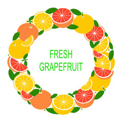 Wreath with grapefruit. Vector Illustration with fresh grapefruits in circle. Vector flat design suitable from template, banner, border, frame, card or icon. 