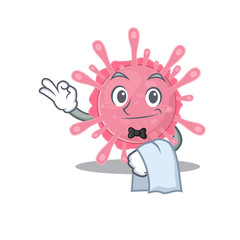 A design of corona virus germ cartoon character working as waiter