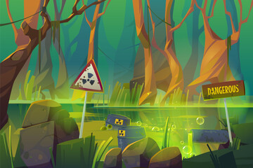 Stench dirty swamp with wastewater pipe, toxic waste barrels and warning signs. Vector cartoon illustration of environment pollution, global ecology problem. Forest and marsh with garbage