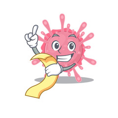 cartoon character of corona virus germ holding menu ready to serve