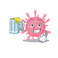 Cheerful corona virus germ mascot design with a glass of beer