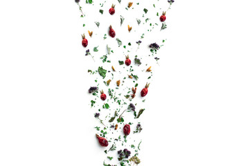 Herbal tea, dry plants and flowers, oregano and mint vitamin drink in a linen bag, isolate, place for text, copy space.