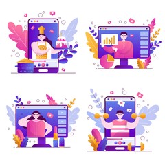A set of vector flat illustrations of bloggers who record videos and post on the channel to the social network. Cooking, sports, beauty and economics. Concept with large phones and monitors and leaves