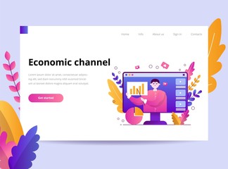 A young blogger analyzes the graph and records the video on the channel to the social network. Vector flat illustration, template for landing page