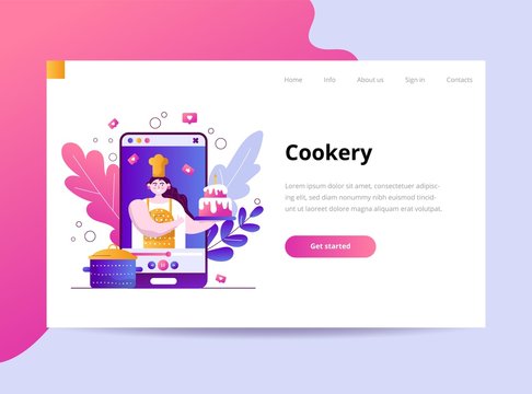 A young girl blogger has prepared a cake, records a video and posts it on the channel on social networks. Vector flat illustration. Template for landing page