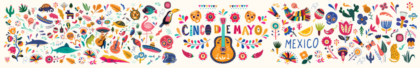 Naklejka na ściany i meble Beautiful vector illustration with design for Mexican holiday 5 may Cinco De Mayo. Vector template with traditional Mexican symbols skull, Mexican guitar, flowers, Mexican animals