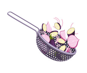 Kitchen Colander or Strainer Made of Stainless Steel with Sliced Vegetables Inside Vector Illustration