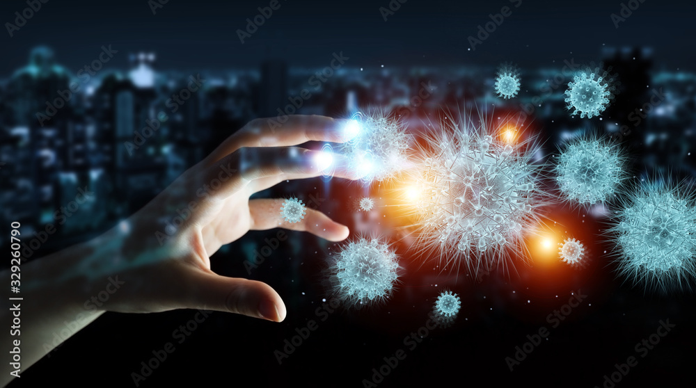 Poster Man analyzing bacteria with digital holographic projection close-up 3D rendering