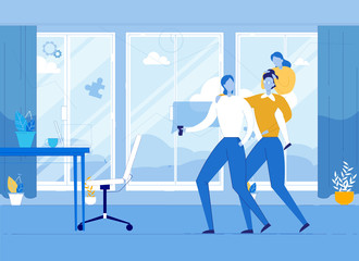 Obraz premium Happy Gay Family with Cheerful Kid Spend Time Together at Home. Flat Room Interior. Coffee Pause, Lunch Time. Preparation for Viewing Video Internet Content. Weekends. Vector Cartoon Illustration