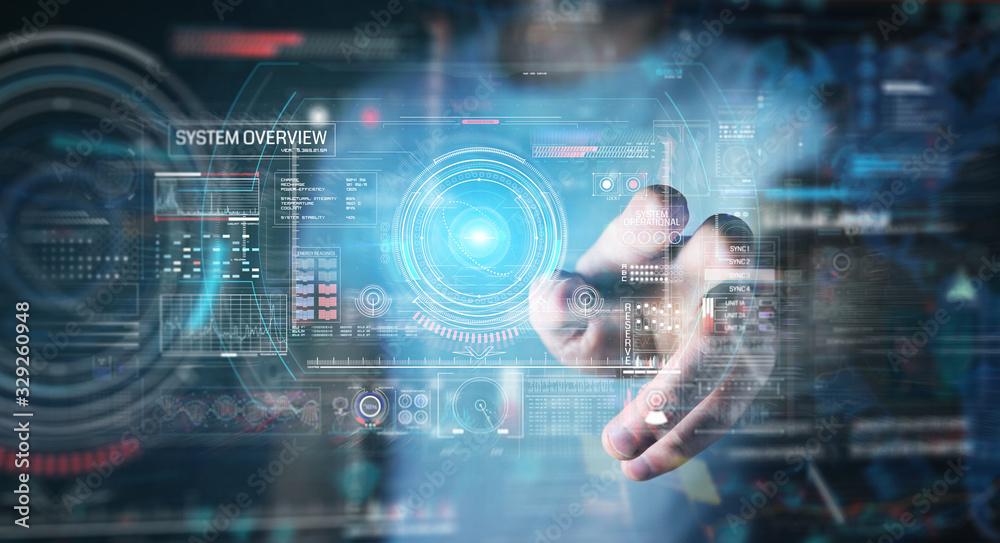 Fototapete Businessman using digital technological interface with datas 3D rendering