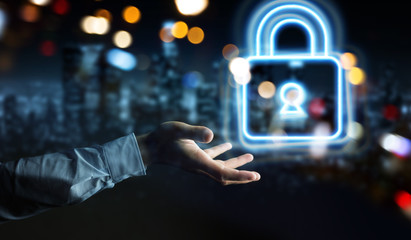 Man hand using digital web protection blue holographic interface 3D rendering