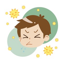 花粉症の男の子と花粉（主線なし）