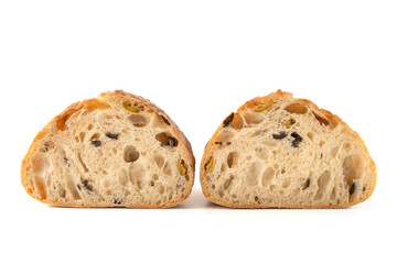 sliced bread with poppy seeds isolated on white background