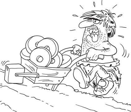 Caveman Pushing Square Cart , Vector