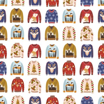 Colorful comfortable knitted winter ugly sweaters seamless pattern. Different cozy woolen christmas season wear vector flat illustration. Various cosiness warm clothing with festive image