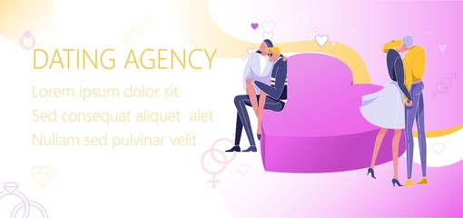 Dating Promotion Banner for Marriage Agency Flat Cartoon Vector Illustration. Couple Having Romantic Meeting. Man and Woman Sitting at Big Heart. Boy and Girl Holding Hands and Kissing.