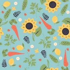 Background with vegetables and flowers. Seamless vector pattern. Summer print. Garden. - 329262587