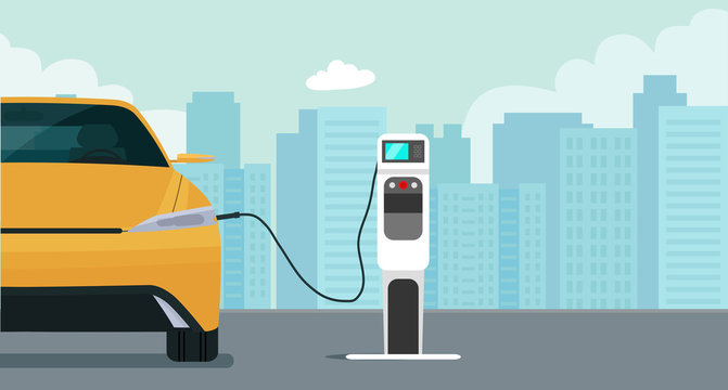 Electric car in a city. Electric car is charging, front view. Vector flat style illustration.
