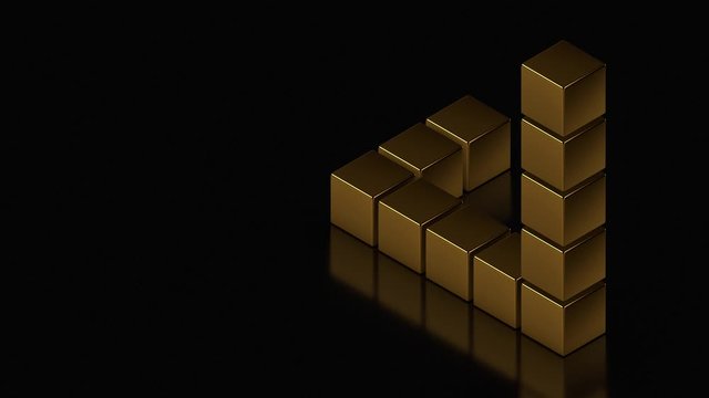 3D rendering of a black background with noise and pixels and flickering as special effects. A figure of an impossible triangle of Golden blocks is collected above the surface. Symbol of the financial 