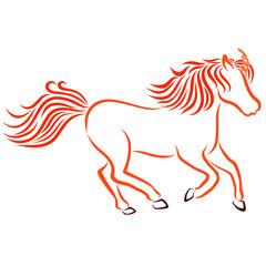 fast running fiery unicorn, red sketch on a white background