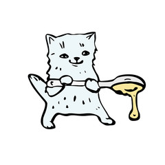 White kitten holds a large spoon with honey. Vector illustration in cartoon style. Isolated on a white background.