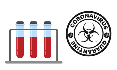 Blood samples in test tubes. Blood test for Covid-19 with stamp.