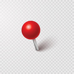 Pin with shadow isolated on transparent background. Vector red plastic pushpin, 3d board tack or sewing needle template..