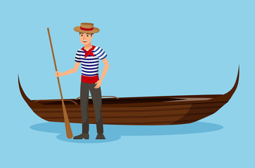Gondola, Venetian Taxi Flat Color Illustration. Young Man in Striped T shirt Cartoon Character. Gondolier in Traditional Clothes. Travel to Europe, Romantic Vacation, Sightseeing in Venice © Mykola