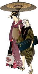 傘をさして歩く芸者と付き人