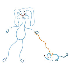 Big hare leads a small mouse on a leash