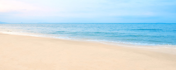 Beautiful beach in summer, blue sea with white sand, Banner background.