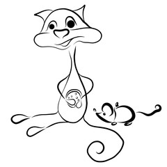 cat with a piece of sausage and a little mouse