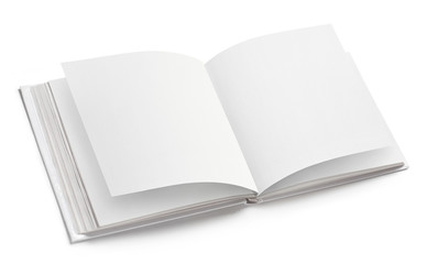 Open square book or album with blank pages, isolated on white background
