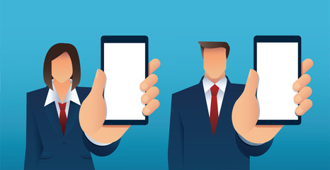 man and woman holding out hand to show blank smartphone screen isolated vector illustration EPS10