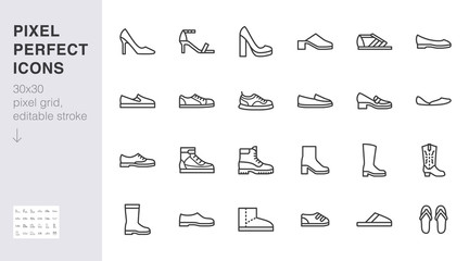 Shoe line icon set. High heels sandal, cowboy boots, hiking footwear, sneakers, slipper minimal vector illustrations. Simple outline signs for fashion application. 30x30 Pixel Perfect Editable Stroke