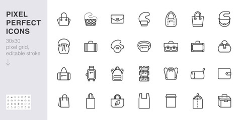 Bags line icon set. Purse types - tote, briefcase, fanny pack, shopper, luggage, plastic bag minimal vector illustrations. Simple outline signs for fashion app. 30x30 Pixel Perfect. Editable Stroke