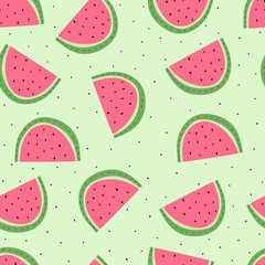 summer seamless pattern with cartoon watermelons, decor elements on a neutral background. colorful vector, flat style. hand drawing. design for fabric, textile, print, wrapper.