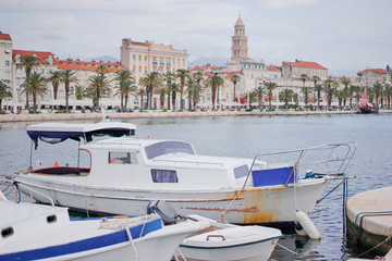 Travel by Croatia. Beautiful landscape with Split Old Town on sea shore.