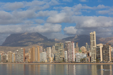 Fototapeta na wymiar Benidorm high rise apartment buildings on seafront on Levante Playa Spanish Costa Blanca