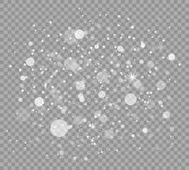 Sparkling magic dust particles. White sparks and stars glitter special light effect. Christmas abstract pattern. Vector sparkles on transparent background.