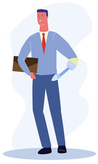 Man with Mechanical Prosthetic Arm in Office Suit Vector Illustration. Disable Person Employment, Business Career, Work. Male with Prosthesis Hand. Handicap Adaptation, Social Support, Recovery