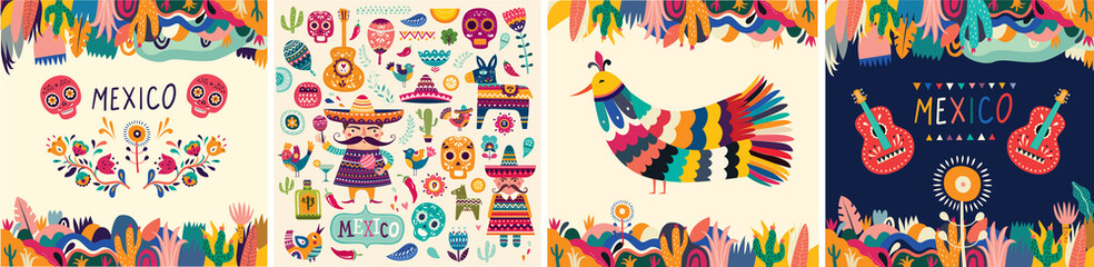 Beautiful vector illustrations with design for Mexican holiday 5 may Cinco De Mayo. Vector template with traditional Mexican symbols skull, Mexican guitar, flowers, red pepper. Mexico illustrations