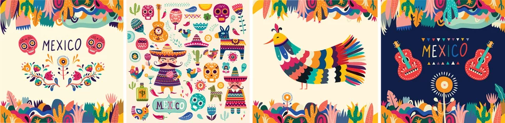 Fotobehang Beautiful vector illustrations with design for Mexican holiday 5 may Cinco De Mayo. Vector template with traditional Mexican symbols skull, Mexican guitar, flowers, red pepper. Mexico illustrations © moleskostudio