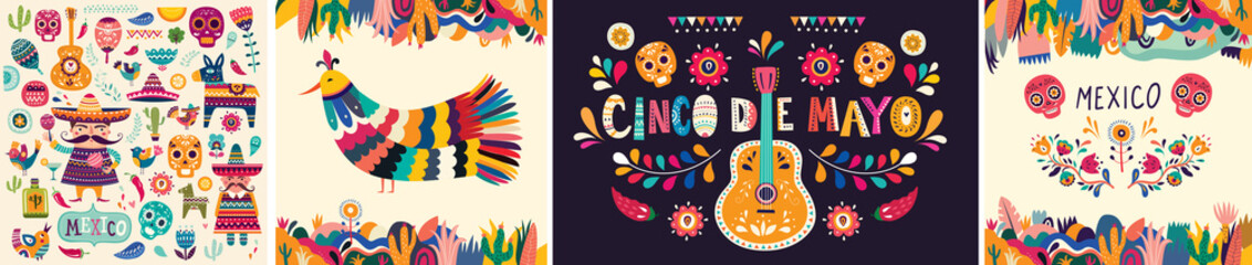 Beautiful vector illustrations with design for Mexican holiday 5 may Cinco De Mayo. Vector template with traditional Mexican symbols skull, Mexican guitar, flowers, red pepper. Mexico illustrations