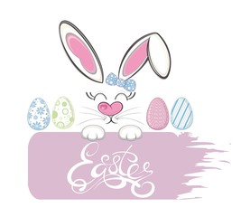 Obraz na płótnie Canvas Cute easter bunny vector illustration, hand drawn face of bunny. Greeting card with Happy Easter writing. 